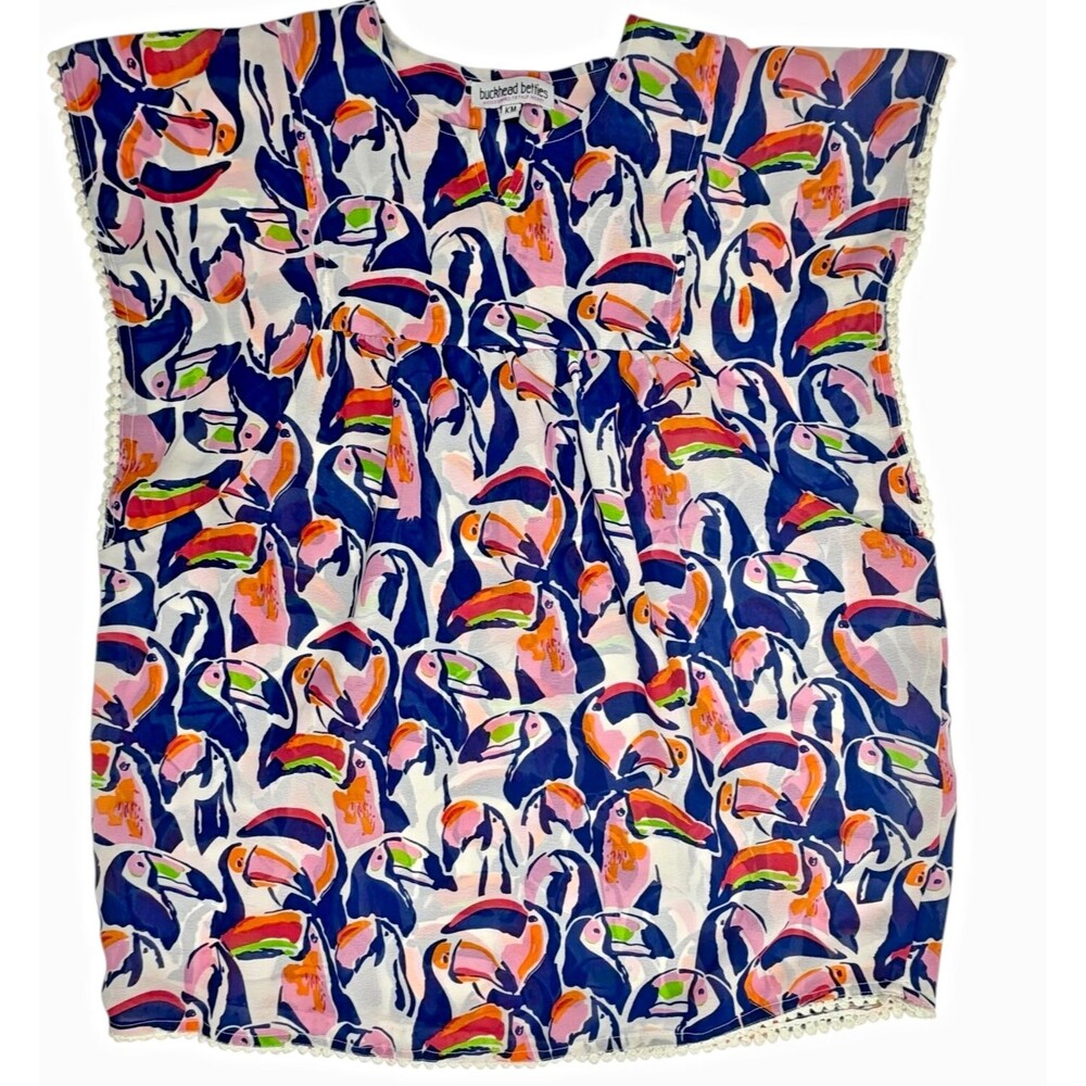 Buckhead Betties Toucan Top Blouse Crochet Trim Tropical Beach Resort Juniors M